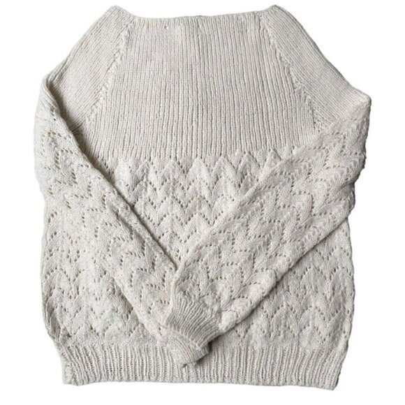 Pearl Detail Granny Core Hand Knit Chunky Cable Ribbed Sweater Ivory Women’s L - Picture 6 of 8